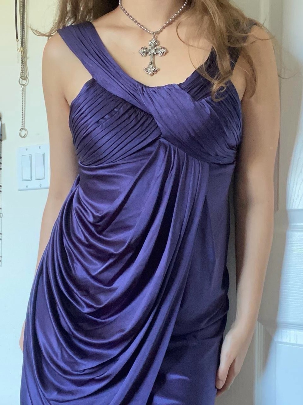 BCBGMaxAzria Sleek One-Shoulder Satin Dress in Deep Purple